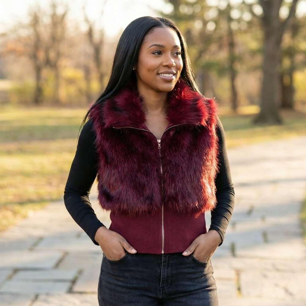 Burgundy Faux Fur Sleeveless Zip Jacket | High Collar Cropped Vest | XXL (14) - Picture 4 of 9